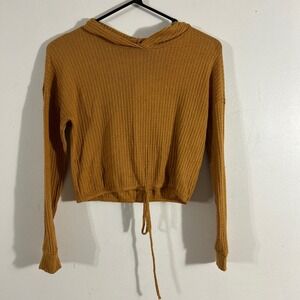 Revive Waffle Knit Hoodie Women Small Mustard Yellow Solid Cropped Drawstring